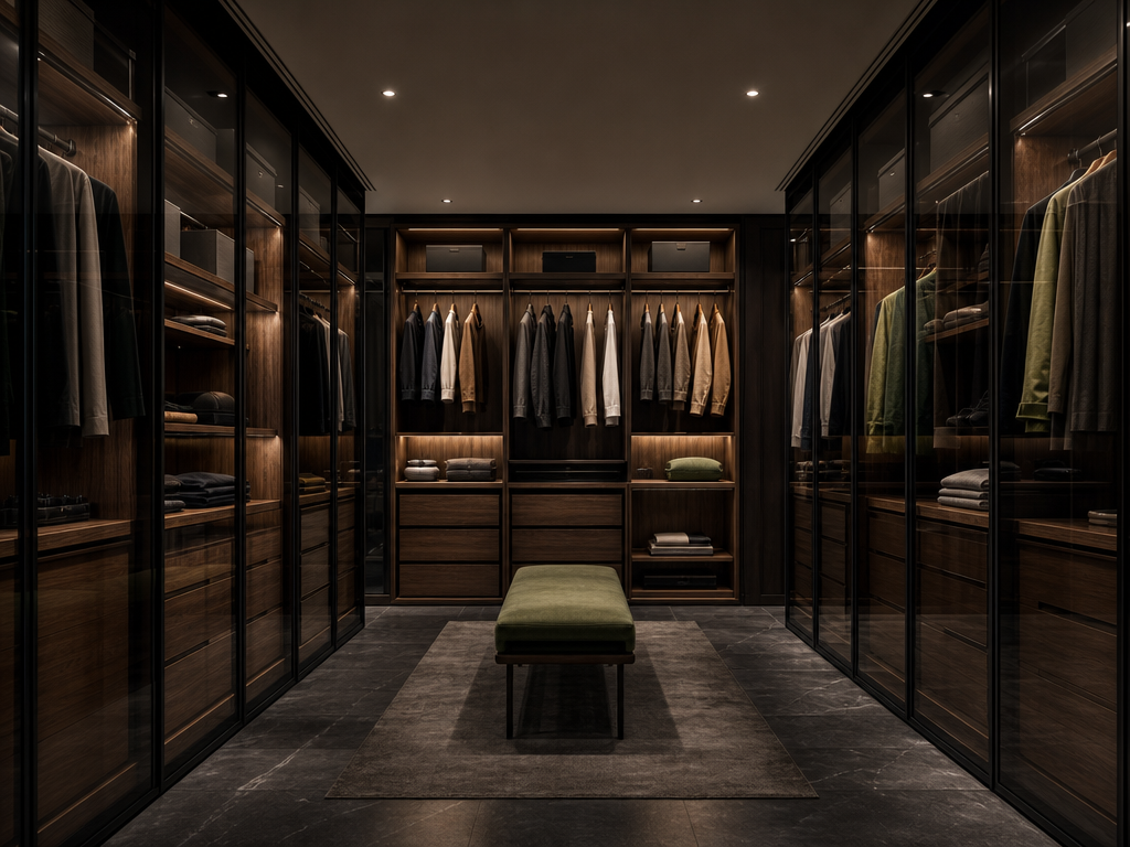 Closet planejado com portas de vidro fumê e iluminação embutida.