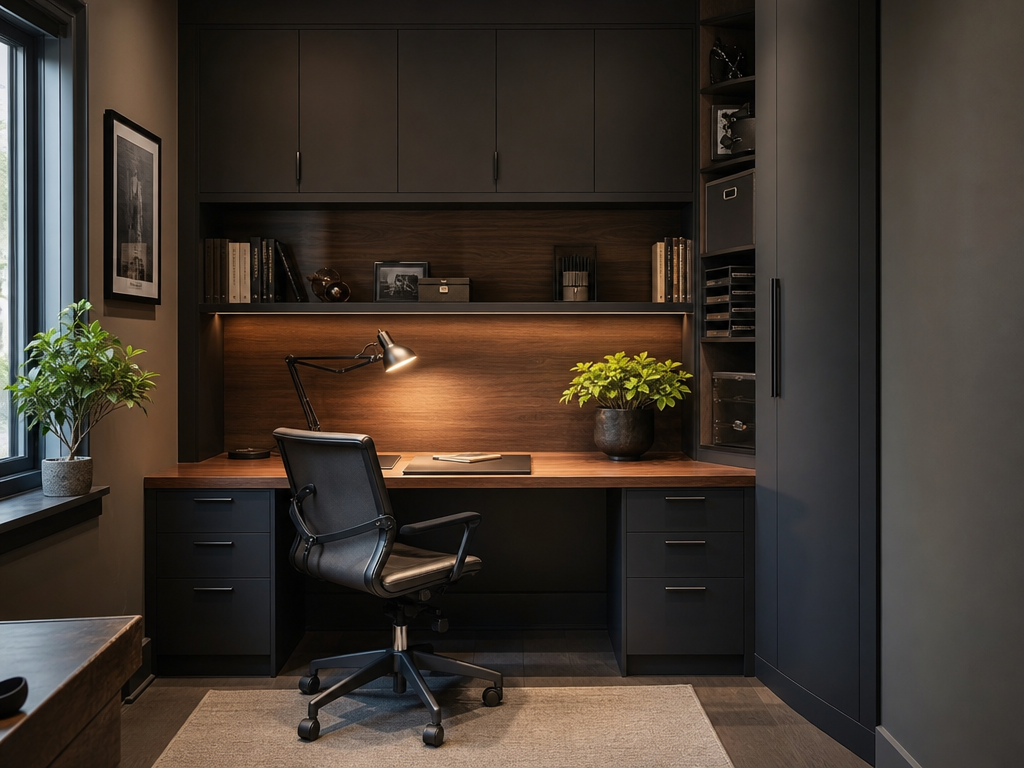 Home office compacto com bancada e armários planejados.