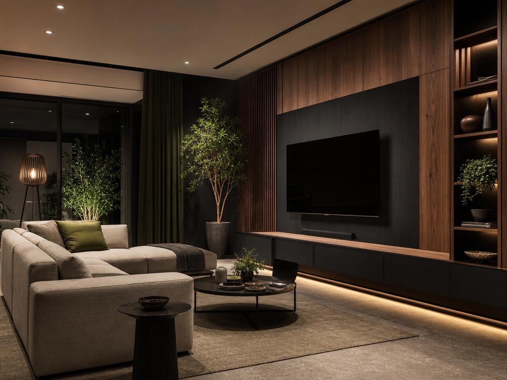 Sala planejada com painel de madeira, marcenaria preta e iluminação indireta.